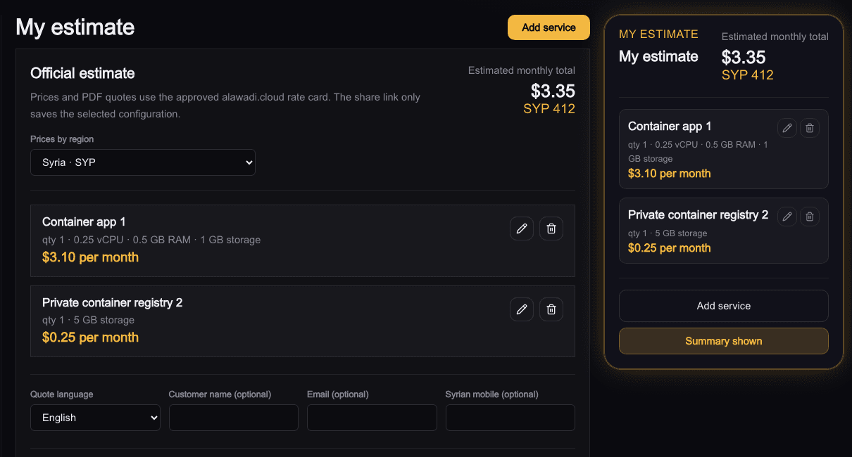 A real public pricing-calculator estimate for one container app and its private registry.